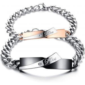 Kal-Lot De 2 Bracelets Personnalisés En Acier Inoxydable - Bracelet Tendance Pour Couple - Bracelet Croix Avec Zircone Et Strass - Bracelet Blindé Pour Couples - Argenté/Noir/Or Rose - Neuf