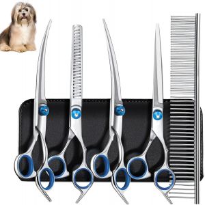 Jgd-Paquet De 5 Profes Ciseaux Toilettage Professionnel Chien Poils, Compris 1 Ciseaux &Agrave; Effiler, 2 Ciseaux Courbes, 1 Ciseaux Droits, 1 Peigne, Pour Animaux Domestiques Pour Couper Les Poils - Neuf