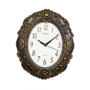 Horloge murale ovale élégante pour une décoration raffinée de cuisine et de salon, noir et or, 36 x 30 x 5 cm - Neuf