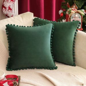 Ensemble De 2 De Noel En Velours Housses De Coussin Avec Des Glands Decoratifs, Doux Moderne Jeter Les Taies D'oreiller Pour La Salle De Sejour Chambre A Coucher Canape-40 X 40 Cm, Vert Fonce - Neuf