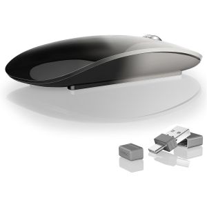 Souris Bluetooth Rechargeable, Trois Modes (BT5.1/5.1+ 2.4G sans Fil), Silencieuse et Ultra Mince Mouse Portable pour Ordinateur Portable, iPad, Laptop, PC, Gris et Noir - Neuf