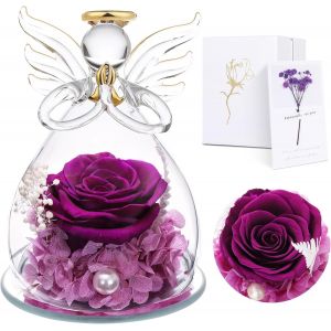 TRAHOO-Rose Eternelle sous Cloche pour Femmes - Cadeau Maman, Fleurs Préservée Véritable Anges Gardiens, Ange Figurine Cadeau Mamie pour Maman Grand-mère, Décoration D'intérieur - Neuf