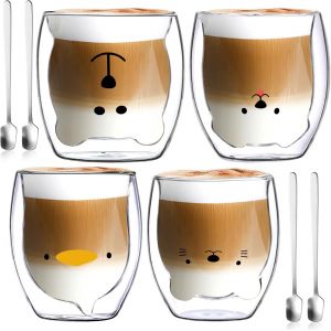 Ershi-Mignon Tasses Double Paroi, 4x250 Ml Verre Cafe Aesthetic Cute, Tasse A Thé Latte Cappuccino, Tasses À Expresso, Cadeau Pour[8 - Neuf