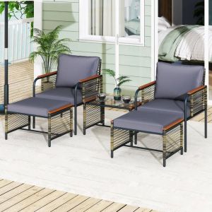 Ensemble De Salon Ext&eacute;rieur 5 Pcs Costway, Chaises De Jardin En Rotin Pe, Table Basse En Verre Tremp&eacute;, 2 Ottomanes, Coussins Gris - Neuf