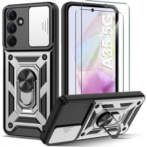 Kalanka-Coque Compatible Avec Samsung Galaxy A35 5g Avec 2 Verre Trempé, Lentille Coulissante Couverture, Support 360° Rotatif Militaire Pc Dur Renforcée Armor Antichoc Bumper Housse Etui - Argent - Neuf