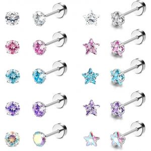 Kalhx-10paires 18g Goujon D'oreille Lot Boucles D'oreilles Femme Acier Inoxydable Rond Étoile Cubique Zircone Tragus Cartilage Piercing Barbell Vis Arrière Boucles D'oreilles Ensemble - Neuf