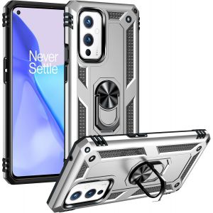 Kal-Coque Pour Oneplus 9 5g + Hd Verre Trempé, Silicone Souple Et Pc Dur Armor Protection Résistante, Anti-Choc, Anti-Rayure, Etui Housse Avec Support Kickstand,Argent - Neuf