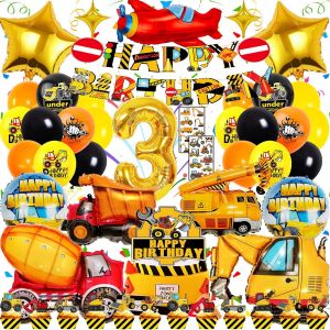 ChicSlick-Decoration Anniversaire Chantier 3 Ans Garçon - 48 Pièces Kit Thème Véhicules De Construction - Xxl Ballons Excavatrice, Bannièr, Décorations Gâteau, Tatouage Autocollants - Pour F[X216] - Neuf