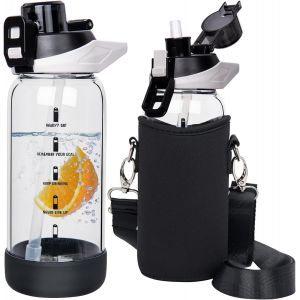 0.6l Sport Gourde Verre Avec Paille & Heure De Motivation 600ml Bouteille D'eau Verre Sans Bpa Avec Marqueur De Temps.[B787] - Neuf