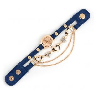 Femmes Quartz Pu Alliage Coeur Strass Cadran Rond Bracelet Cha&icirc;ne Montre (Bleu Royal) - Neuf