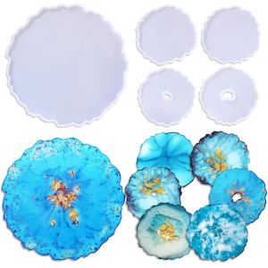 Moule En Silicone Geode, 4 Dessous De Verre + 1 Plateau Grand, R&eacute;sine Moules Brillant &Eacute;poxy Pour Faire Des &Eacute;l&eacute;ments D&eacute;coratifs, Des Bases De Bijoux - Neuf