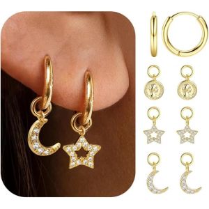 Kal-Boucles D'oreilles Femme Argent 925 - Breloques Plaqu&eacute; Or 14k Hypoallerg&eacute;nique Pendantes Coeur Papillon Lune Boucles D'oreilles Creoles Or Homme - Neuf