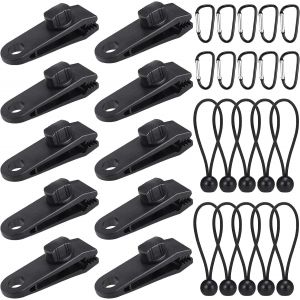 30 Pack Tarp Clips Heavy Duty Tarp Clips With Bungee Cords And D-Buckle, Locking Clips For Fixing Tarps, Awnings, Tarpaulins, Outdoor Camping, Caravan Awnings - Neuf