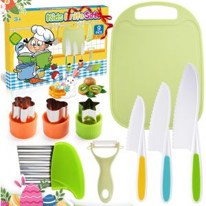 Couteaux pour Enfants,9 pièces,dès 2 Ans,Coffret de Couteaux de Cuisine de Chef avec Coupe-légumes,idéal pour Noël ou Un Anniversaire (Rose) - Neuf