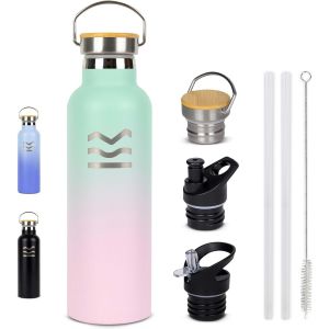 Tzf-Gourde Isotherme 750 Ml Rose - | Bouteille Isotherme Avec 3 Bouchons, Gourde Inox 12h Chaude & 24h Froide | Bouteille Thermos Avec Paille, Water Bottle Sans Bpa | Acier Inox Sport Reutilisable - Neuf