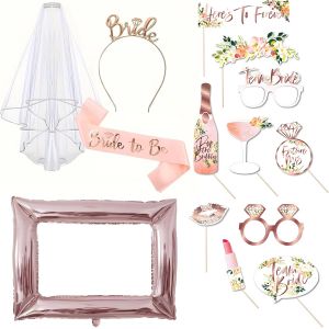 MEVRONISSHOP-14 Pcs Accessoires EVJF, Accessoires de Photomaton de Mariage, Accessoire Enterrement de Vie de Jeune Fille, Accessoire EVJF Future Mari&eacute;e, Or Rose Bride Team Bride Accessoires Kit - Neuf