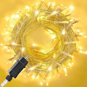 Kalanka-Guirlande Lumineuse Ext&eacute;rieure 10m 100 Led Guirlande Lumineuse Arbre De No&euml;l Avec Minuterie, Fonction M&eacute;moire, 8 Modes, Ip44 &Eacute;tanche Pour No&euml;l F&ecirc;tes Mariage Halloween, Blanc Chaud - Neuf
