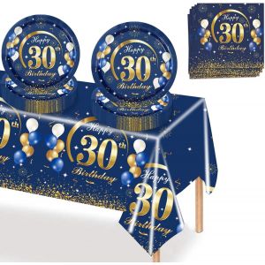 Kalanka-37 Pièces Anniversaire Vaisselle Lot,Bleu Or Anniversaire 30 Fête Vaisselle,Kit Vaisselles Comprendre Papier Assiette Serviette Nappe,Decoration Anniversaire 30 Ans Pour 16 Invités - Neuf