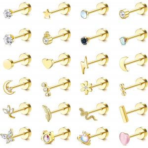 24pcs Boucles D'oreilles Femme Acier Inoxydable-Piercing Oreille,Tragus,Cartilage,- Motifs Papillon,Serpent,Fleur-Bijoux.[X1307] - Neuf