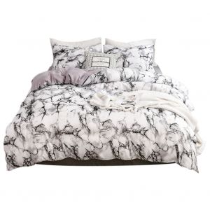 Hjlian Parure De Lit 3 Pieces Confortable Avec Housse De Couette Et Taie D'oreiller, Motif Marbre, Taille Queen (Blanc) - Neuf