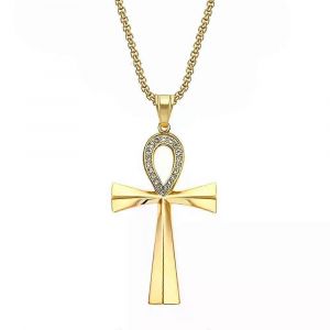 Égypte Glacé Bling Ankh Croix Pendentif Collier Femmes Hommes Clé De La Vie Couleur Or Acier Inoxydable Strass Bijoux Égyptiens - Neuf