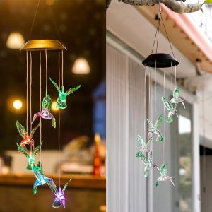 Carillon &eacute;olien solaire &agrave; LED en forme de colibri avec lumi&egrave;res aux couleurs changeantes pour la d&eacute;coration int&eacute;rieure - Neuf