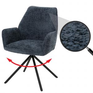 Chaise de salle &agrave; manger HWC-G67, chaise de cuisine avec accoudoirs, pivotante, position automatique, chenille Oeko-Tex MVGbleu fonc&eacute; - Neuf
