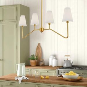 Subzonal-Moderne Lustre Salon,Lin&eacute;aire Suspension Luminaire Pour &Icirc;lot De Cuisine Avec Abat-Jour En Tissu Blanc, Suspension R&eacute;glable En Hauteur Pour Salon Chambre &Agrave; Coucher Couloir (Gold,4 Heads) - Neuf