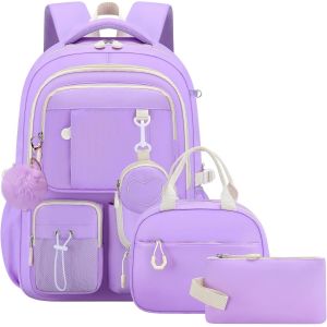 CHECARZHN--NO1-Sac À Dos Fille Primaire 3 Pièce, Ensemble Cartable Adolescent Scolaire Avec Sacs À Déjeuner Et Trousse Crayon, Sac Ecole Pour Fille 8 À 16 Ans, Violet - Neuf