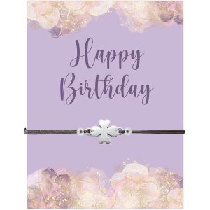 Kal-Bracelet Tr&egrave;fle Sur Carte D'anniversaire Happy Birthday - Cadeau Pour Femme - Bracelet Porte-Bonheur - Neuf