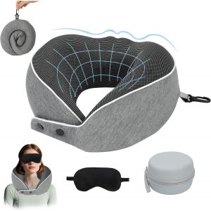 Coussin De Voyage, Oreiller De Voyage R&eacute;glable En Mousse &Agrave; M&eacute;moire Forme Pliable Avec Masque De Sommeil 3d Et Bo&icirc;te De Rangement Eva, Coussin Avion Crochet Vols Longs,T&eacute;l&eacute;travail (Gris Fum&eacute;) - Neuf