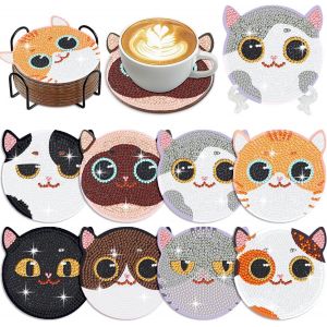 Ayuhr-Kit De 8 Dessous De Verre Avec Support - Motif Chats Souriants - Pour Débutants - Réduit Le Stress - Motif Chat - Neuf