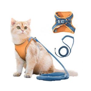 Ensemble Harnais Et Laisse R&eacute;fl&eacute;chissants Confortables Pour Chats Et Petits Chiens - Taille M - Orange Et Bleu - Design S&ucirc;r, R&eacute;glable Et L&eacute;ger - Neuf