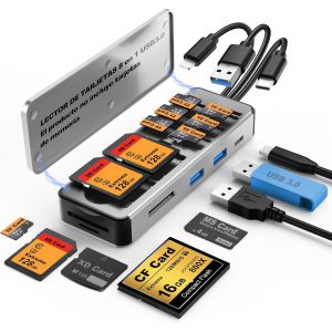 YUHG-Lecteur De Carte Mémoire 7 En 1,En Aluminium,Étui De Transport Pour Cartes Mémoire Sd/Tf/Cf/Ms/Xd/Usb X 2 Ports Pour Téléphone/Tablette Usb C Et Appareils Usb A,Aucune Application Requise - Neuf