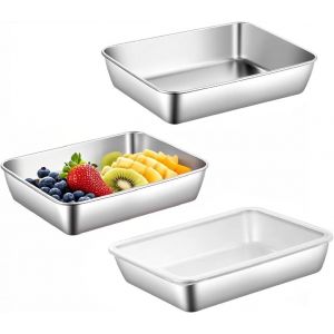Lot De 3 Bols &Agrave; Paner Rectangulaires En Acier Inoxydable-25 &times; 19 &times; 5 Cm-Avec Couvercle-Plaque De Cuisson Avec Couvercle-Pour Escalopes,Viande,Poisson,Passe Au Lave-Vaisselle - Neuf
