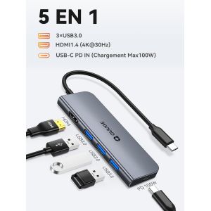 Hub Usb C 5-En-1,Adaptateur Usb C Vers Hdmi 4K Avec Port Usb-C 100W Pd,Ultra-Rapide 3 Usb-A 3.0 5Gbps,Compatible Avec Macbook Air/Pro,Mac Mini M4,Ipad Pro Air - Neuf