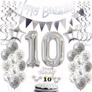 Décoration Anniversaire 10 Ans Fille Garcon Ballon Argent,Ballon 10 Ans Anniversaire Fille Décoration Ballons 10 Ans Fille Anniversaire Argent Décoration Gâteau 10 Ans Garcon Fille Anniversaire - Neuf