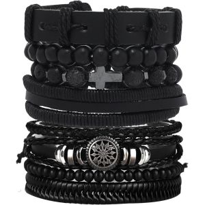 Kal-Lot De 8 À 10 Bracelets En Cuir Tressé Pour Homme - Perles En Bois - Tête De Mort - Métal - Neuf