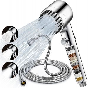 JGD-Pommeau de Douche Anti Calcaire avec 15 &Eacute;tapes Filtre et Tuyau 2M Pomme de Douche &Eacute;conomie D'eau Haute Pression Douchette Douche Salle de Bain Filtrant avec 3+1 Types de Jets et Bouton D'arr&ecirc;t(Ar - Neuf