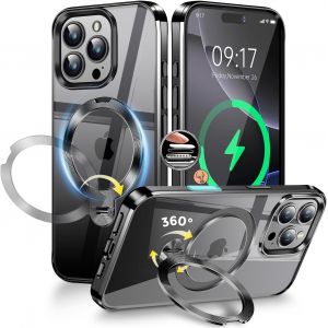 [Anneau en M&eacute;tal CD& 360&deg; Rotation Support Invisible] Coque Magn&eacute;tique pour iPhone 16 Pro Max [Compatible Magsafe] [Pare-Chocs Antichoc Galvanis&eacute;] Coque Fine Transparente avec Support u2013 Noir - Neuf