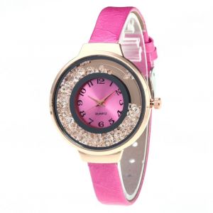 Montre A Quartz Etroite Zhoulianfa En Cuir Pu Pour Femme, Cadran Unique A Effet Sable Mouvant (Rose Rouge) - Neuf