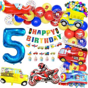 Ballons Decoration Anniversaire 5 An Garcon Transport Th&egrave;me, Enfant Ballon Nombre 5 Ballon Aluminium V&eacute;hicules Voitures Autobus Scolaire Train Moto Joyeux Anniversaire Banni&egrave;re Carte G&acirc;teau - Neuf