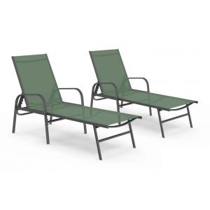 Lot De 2 Transats De Jardin Inclinables Fidji En Acier Et Toile Vert Olive - Neuf