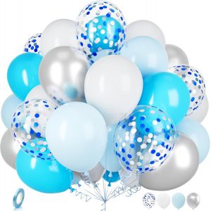 Balloon White Blue Silver, 30 Pieces 12 Inch Latex Sky Pastel Confetti Ribbon For Children Boys Men Party Birthday Wedding Engagement Christening Decoration - Neuf