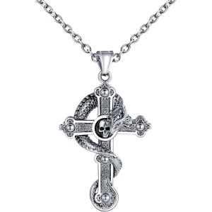 Kal-Collier Croix En Acier Inoxydable Pour Hommes Pendentif Créatif De Croix Avec Dragon Hip Hop Colliers Con Tête De Mort Halloween Bijoux Fantaisie Adolescents Décoration - Neuf