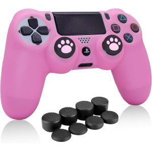 PS4 Controller Skin Rose, Anti-Slip Grip Housse de Protection en Silicone Compatible pour PS4/Slim/Pro Manette de Jeu sans Fil/Filaire avec 8 x FPS Pro Thumb Grip Caps + 2 Cat Paw Caps - Neuf
