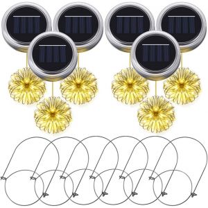 JGD-6pcs Suspendus Imperm&eacute;able Solaire Mason Jar Lid String String Guirlandes avec 20 LED et Cintres, Parfait pour la F&ecirc;te, No&euml;l, Mariage, D&eacute;coration de Jardin (Blanc Chaud) - Neuf
