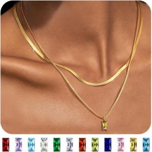Kal-2 Pcs Collier Femme Acier Inoxydable Collier Femme Or Plaqué Or 14k Collier De Pierre De Naissance Collier Ras Du Cou Femme Collier Chaîne Serpent Or Réglable Empilable Chaine Bijoux Cadeau - Neuf