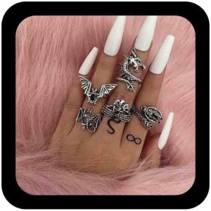 Kal-Bagues De Dragon Gothiques Bagues De Doigts Ailes De Dragon Vintage Bagues De Chauve-Souris Argent Bagues De Coeur De Dragon Bagues D'animaux Bijoux Pour Femmes Et Filles Cadeaux 5 Pi&egrave;ces - Neuf