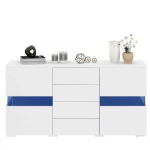 Buffet blanc brillant avec &eacute;clairage LED 16 couleurs pour salle &agrave; manger ou salon - Neuf